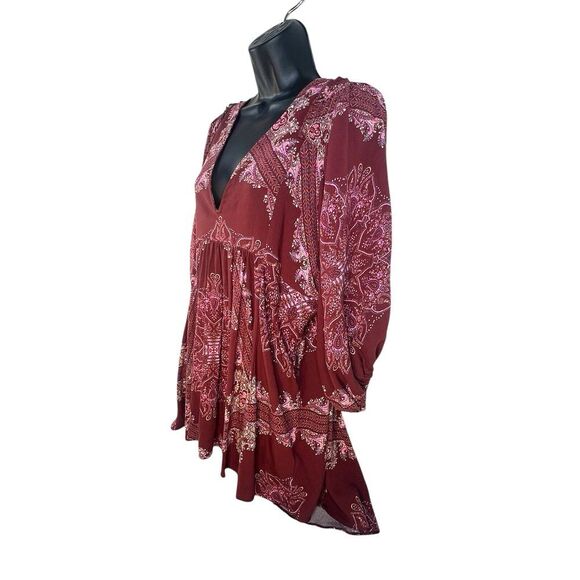 Free People Girl Talk Tunic Dress Red Paisley V-Neck Boho XS/TP‎ - Picture 4 of 11